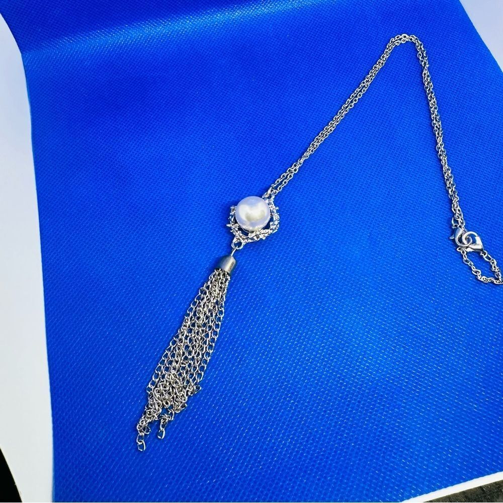 vintage silver tone tassel rhinestone faux pearl long necklace 819